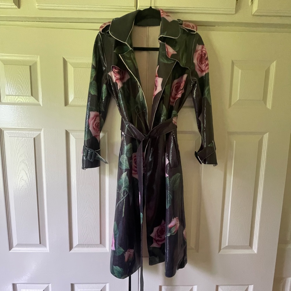 Black Trench Coat with Rose Pattern